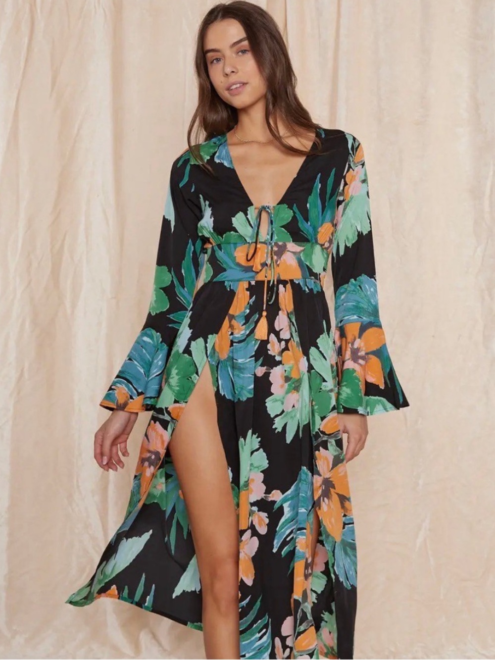 Raga Floral Tie-Front Maxi Dress with Bell Sleeves
